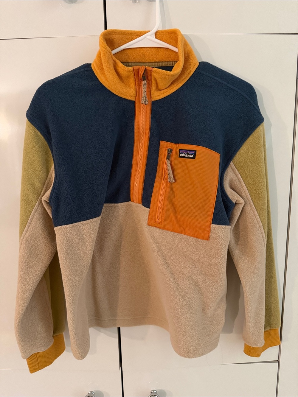 Patagonia Kids Colorblock Fleece Pullover - Navy, Orange, Tan, Olive Size XL